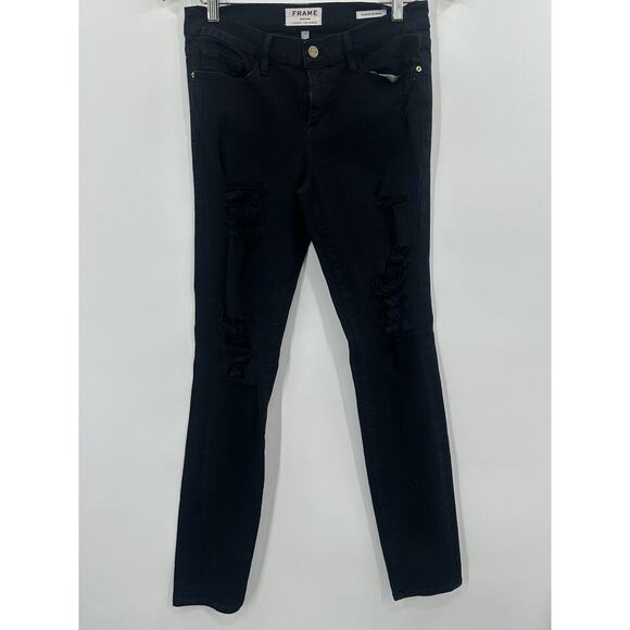 Frame Le Skinny de Jeanne Black Jeans 29 Raw Hem Distressed Mid Rise stretch - Picture 2 of 15